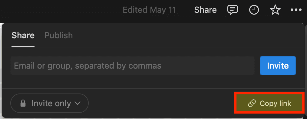 Share button on the right corner of the page